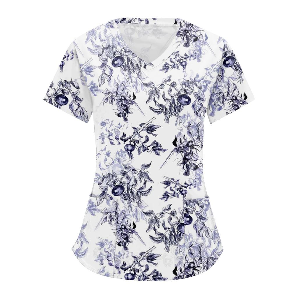 Women's Retro Floral Printed Short Sleeve V-neck Tops Working Pocket Blouse