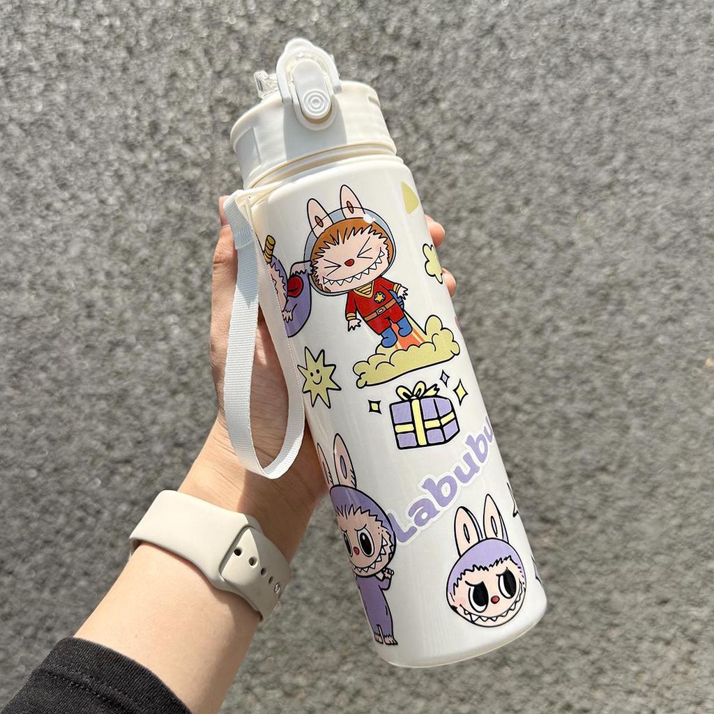 Labubu Cartoon Straw Water Cup for Kids with Lanyard