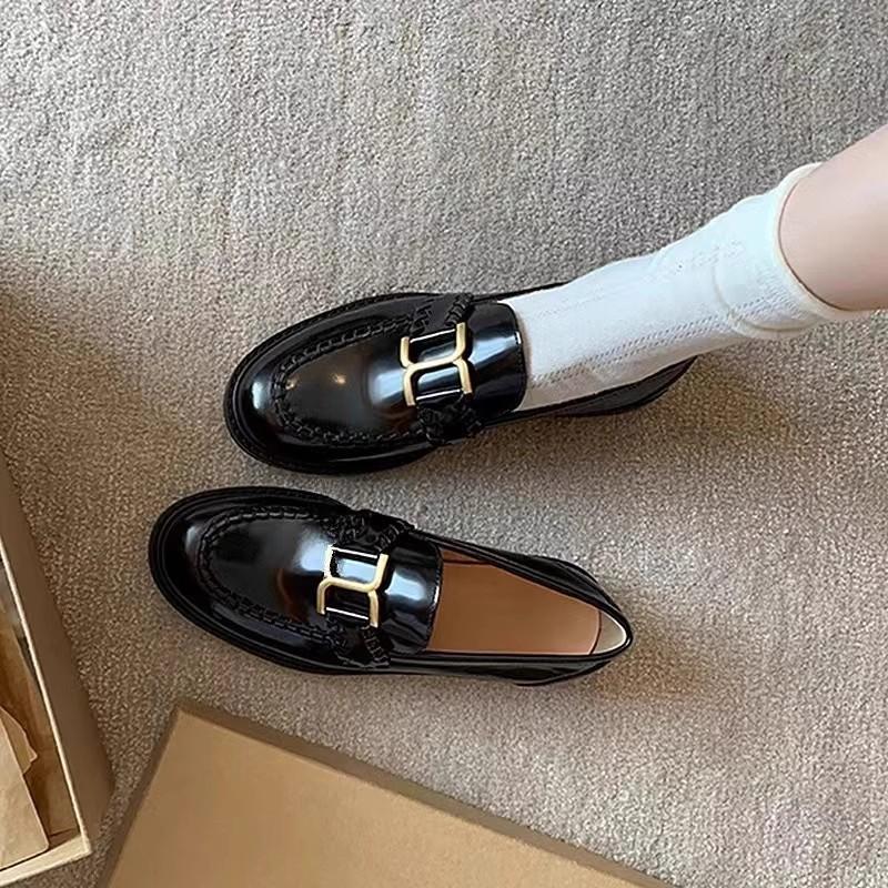 Punkt zweites Haar! Mode vielseitig neu britisch retro goldene Schnalle Slipper mit dickem Absatz Damenschuhe kleine Lederschuhe