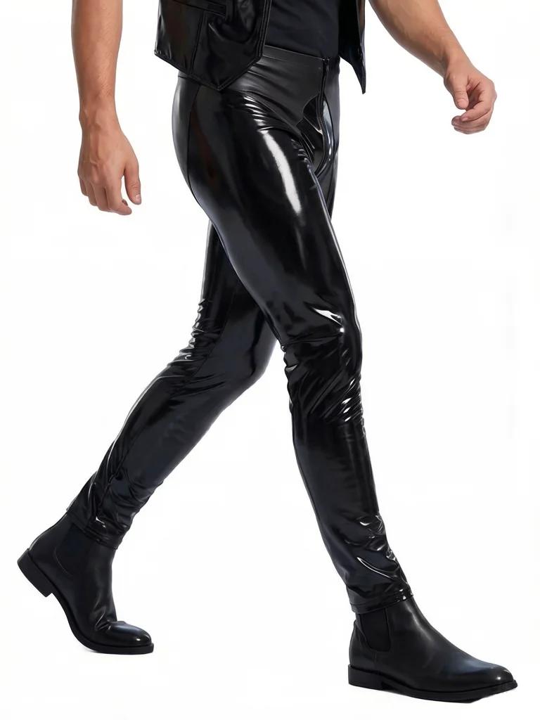 Fashion Men Pu Elastic Pants Latex Double Side Wear Men'S Pencil Pants Stage Dance Legging Slimming Tight Leg Pu Jeans Trousers