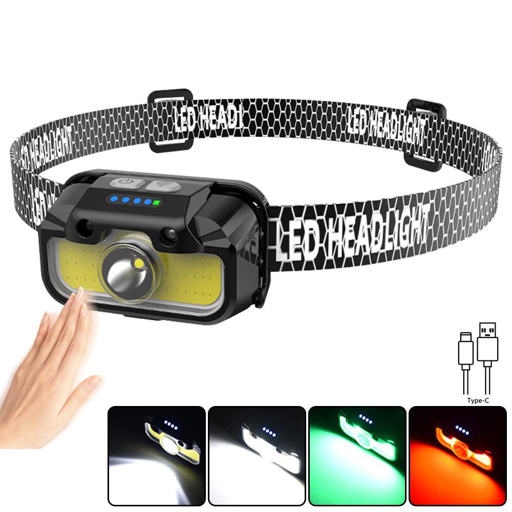 5W Mini Ultra-Light Bright Headlamp 1000mAh White+Red+Green 3 in 1 USB Rechargeable Head Lamp 14 Modes Motion Sensor Headlight