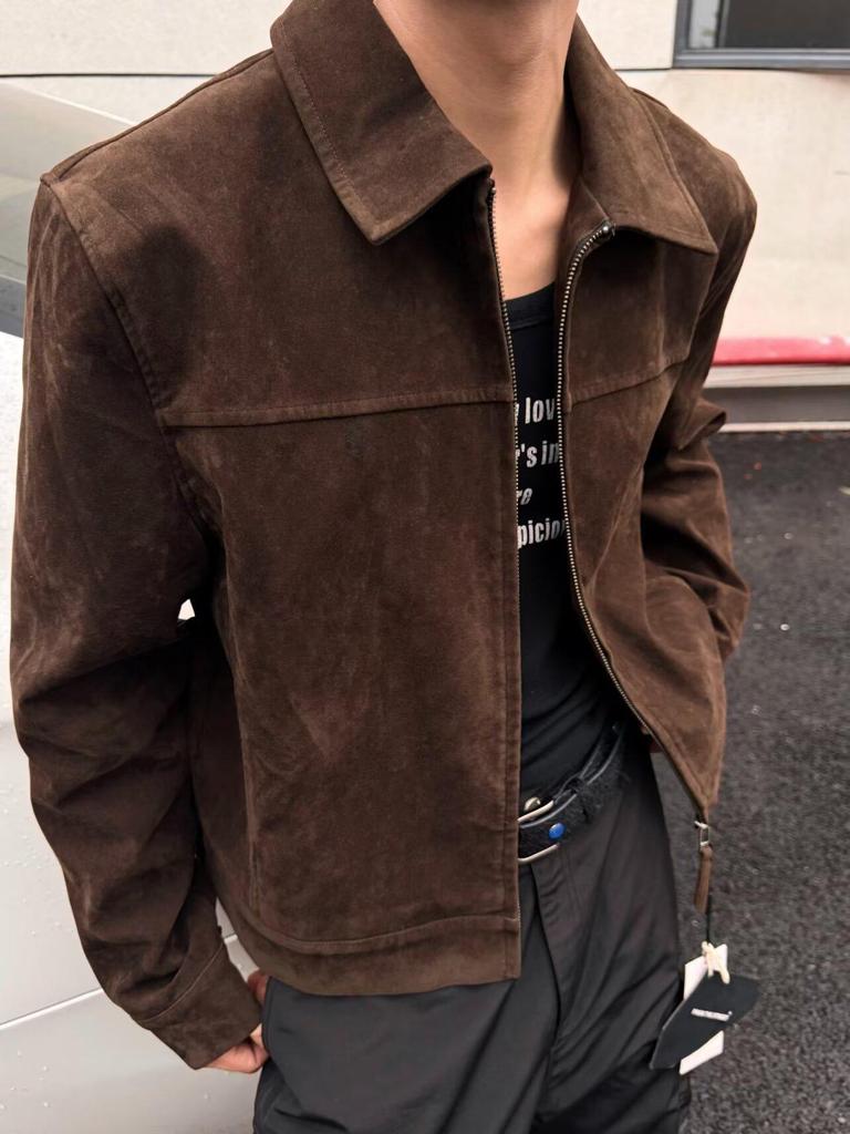 Unisex 25-Year Retro Korean Suede-Feel Dark Brown Jacket
