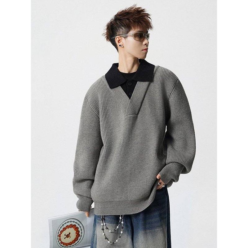 Men's American Retro Faux Two-Piece Polo Collar Sweater - Autumn/Winter Clean Fit Loose Casual Knitwear