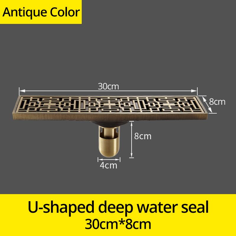 Drain 8*30CM Euro Antique Brass Art Carved Floor Drain Cover Shower Waste Drainer Bathroom Bath Accessories Strainer DL8030