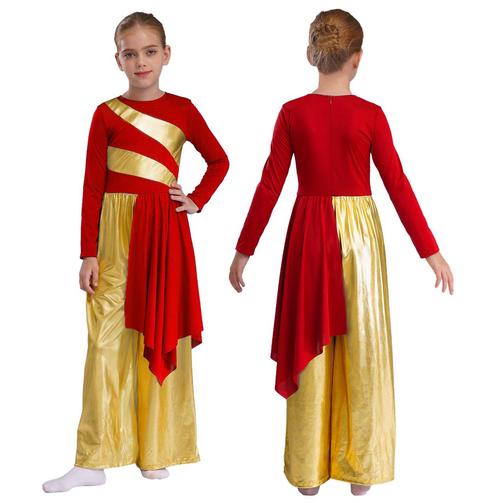Girls Liturgical Dance Bodysuit Praise Worship Costume Metallic Color Block Wide-Leg Jumpsuit