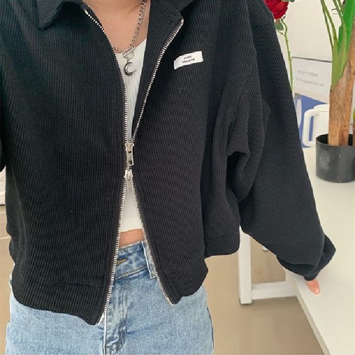 

Женская куртка на двойной молнии с длинным рукавом и воротником поло - Корейский стиль, свободный крой (Весна/Осень 2022) XL чёрный