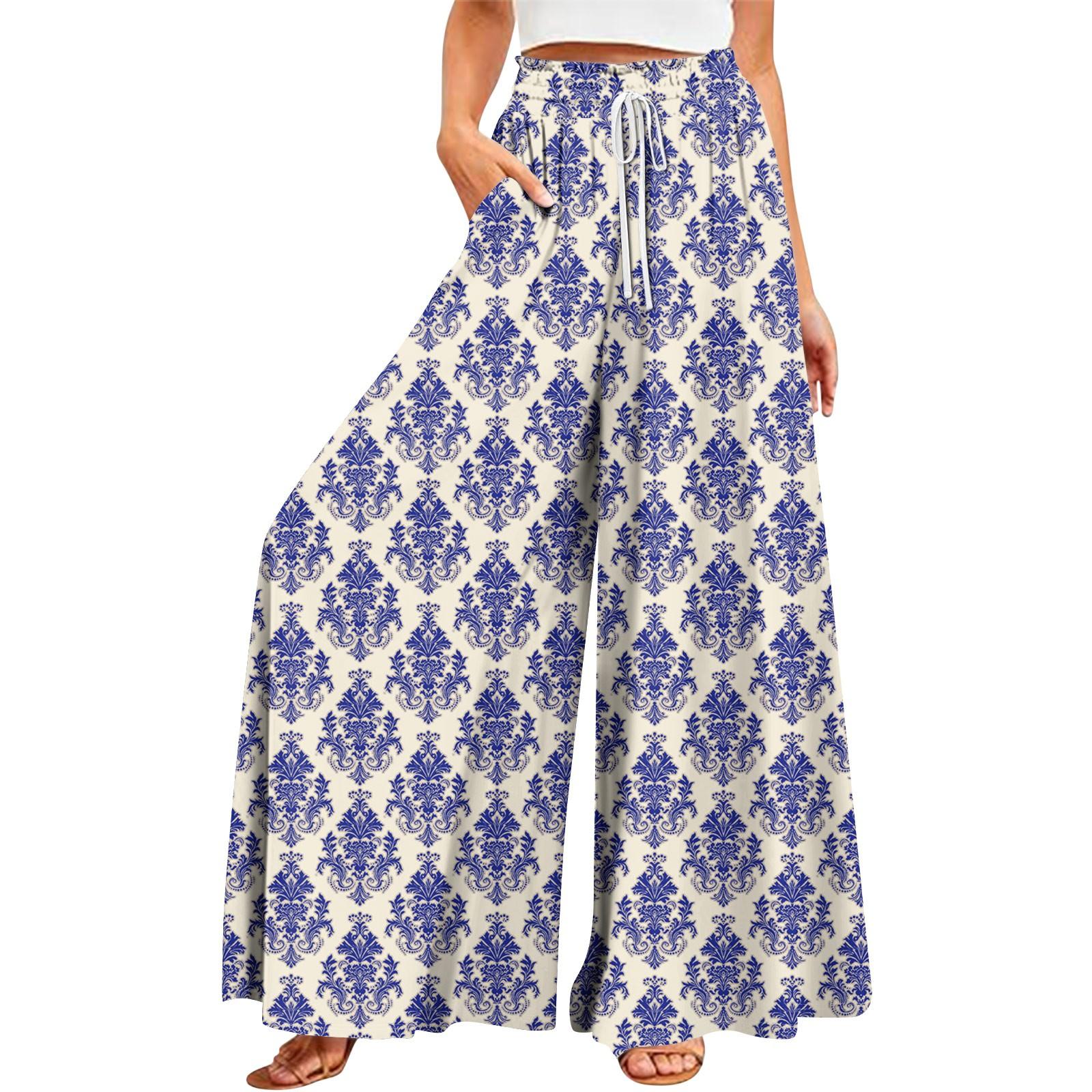 

Жіночі літні широкі брюки з високою талією і кишенями Модні повсякденні повсякденні пляжні штани з богемним принтом M Темно-синій