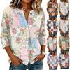 Women Vintage Floral Print Patchwork Henley Button Collar Three Quarter Sleeve Cotton Linen Shirt Casual Loose Fit Top