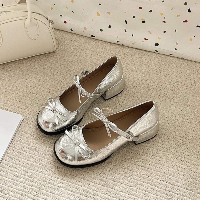 

Silver thick high heel light mouth single shoes women s new spring and summer skirt JK Mary Jane shoe temperament 40 серебряный