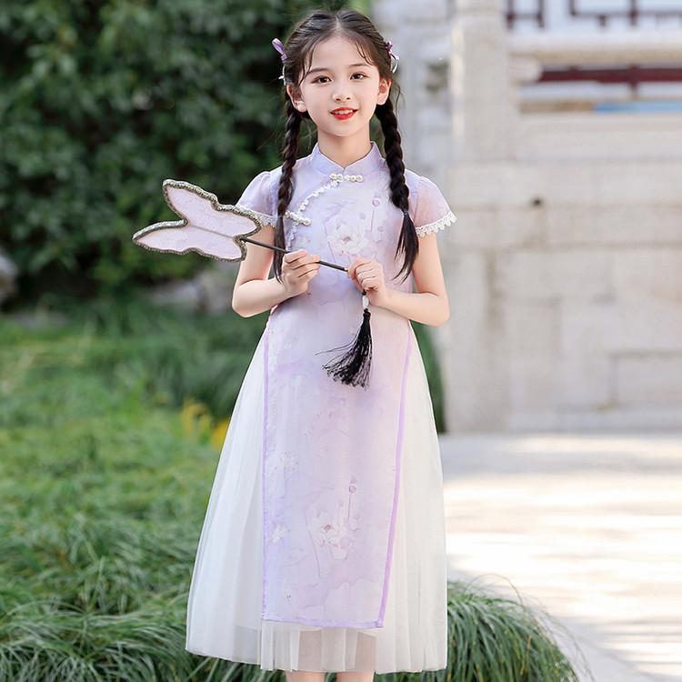 Girls' Cheongsam Dress 26 Summer New Style Chinese Style Dress New Chinese Mesh Splicing Cheongsam Dress