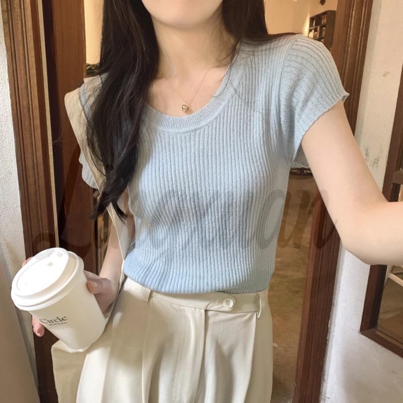

Women s Slimming U-Neck Knit Top with Puffed Sleeves - Versatile Summer Short Sleeve One Size синий