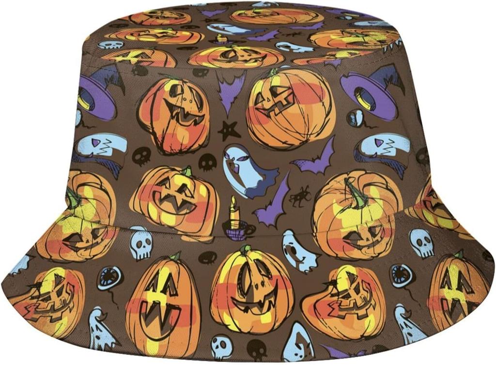 Halloween Pumpkin Bucket Hat Fashion Beach Sun Wide Brim Cap Outdoor Fisherman Hats For Women Men -3C