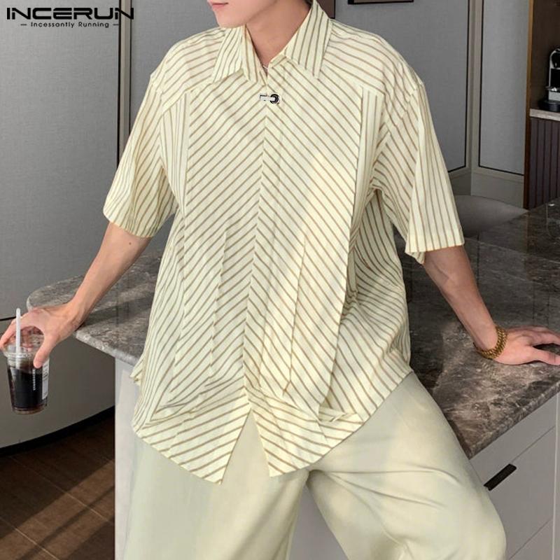 INCERUN Oversized Men Lapel Neck Short Sleeve Striped Print Pleating Shirts Tops