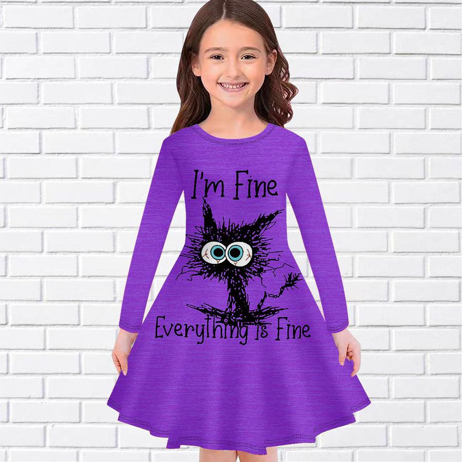 Girl Casual Stupid Cat Print Round Neck Long Sleeve Dress Kid Princess Dress