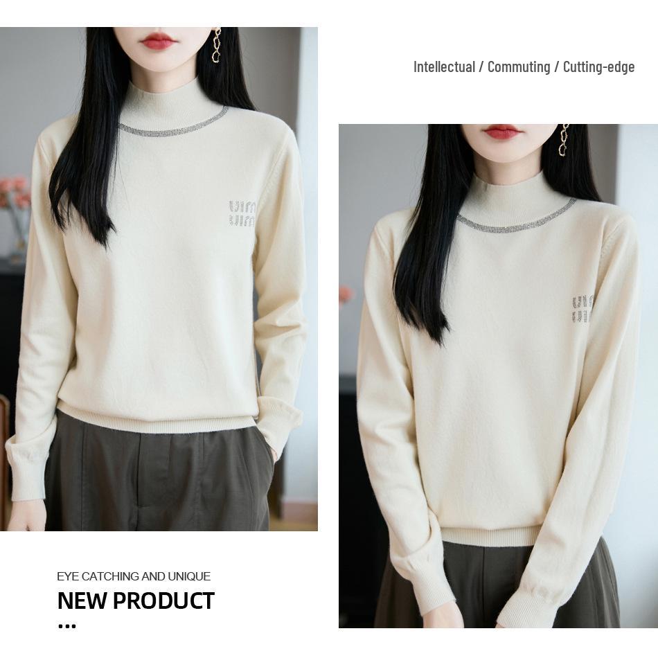 Autumn/Winter Rhinestone Semi-High Neck Knitted Sweater Top for Women