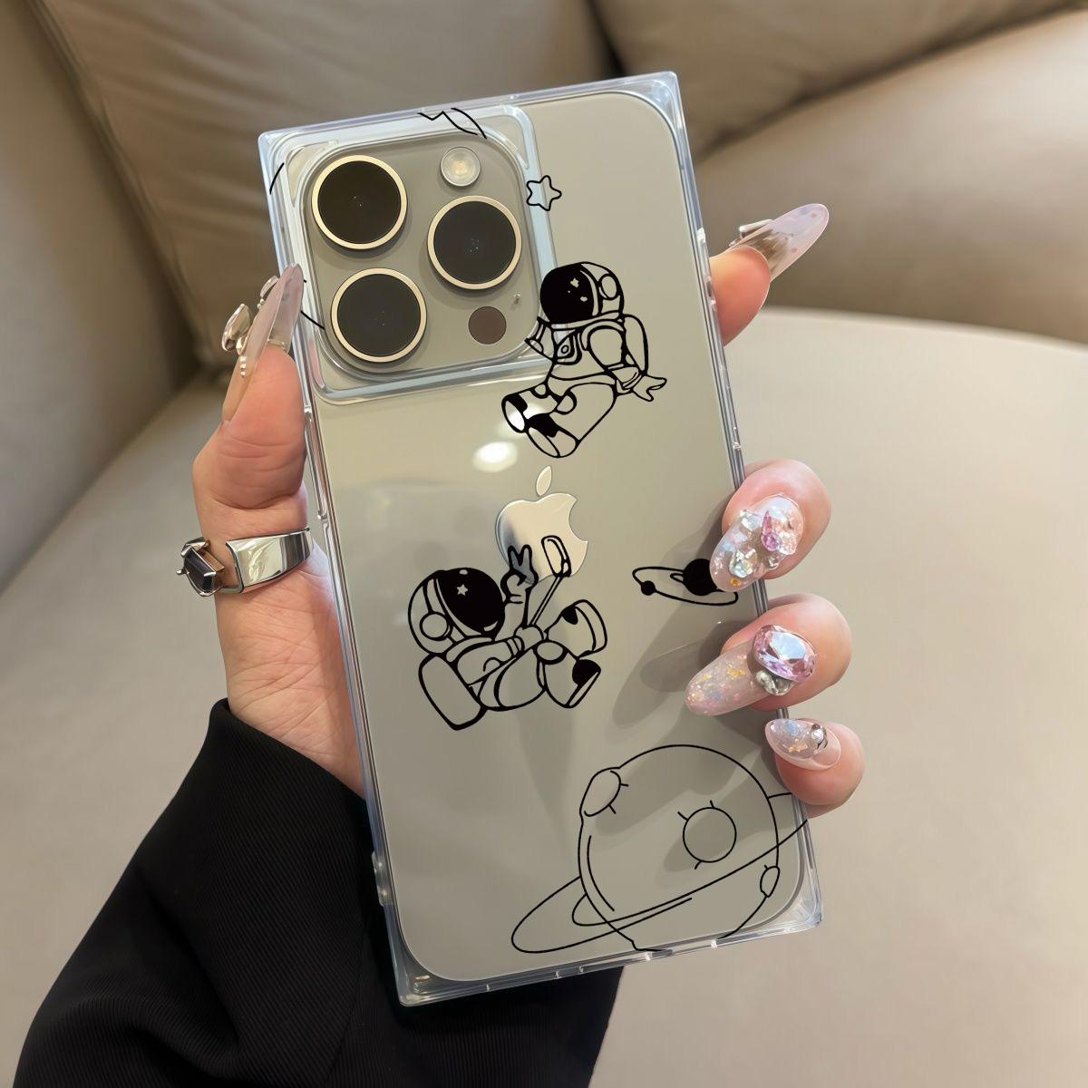 

Square Back Tube Protection Clear Case For iPhone 11 14 Pro Max 16 ProMax 12 15 Plus 13 Anti-Oxygen,Planet Astronauts Pattern Casing iphone 11 ProMax