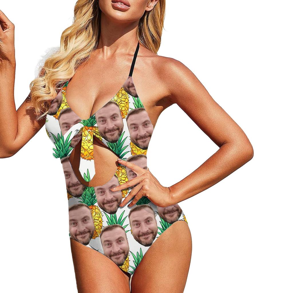 Women's Sexy Split Body Swimsuit Solid Color Printed Bow High Waisted Two-piece Swimsuit