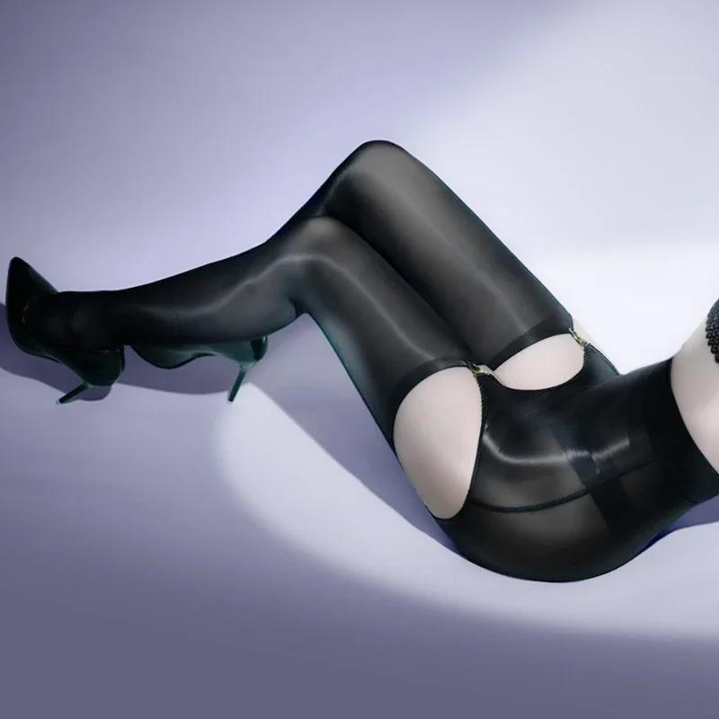 Women Sexy Oil Glossy Transparent Underwear Set High Waist Buttocks Mini Skirt Metal Clips Garter Belt With Thigh High Stockings