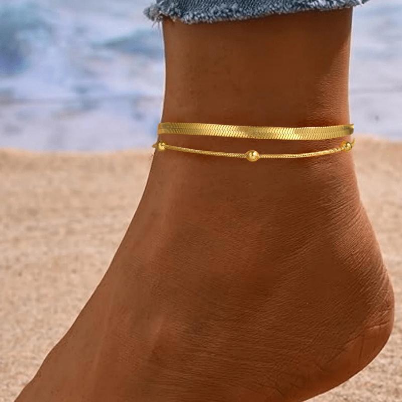 Stainless Steel Waterproof Double-Layer Snake Bone Bead Chain Anklet for Women Fashion Simple Adjustable Anklet Jewelry Gift
