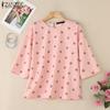 ZANZEA Women Casual Round Neck 3/4 Sleeve Loose Polka Dot Print Blouse