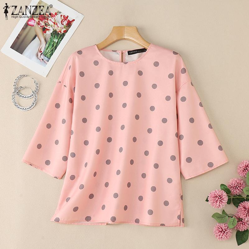 ZANZEA Women Casual Round Neck 3/4 Sleeve Loose Polka Dot Print Blouse