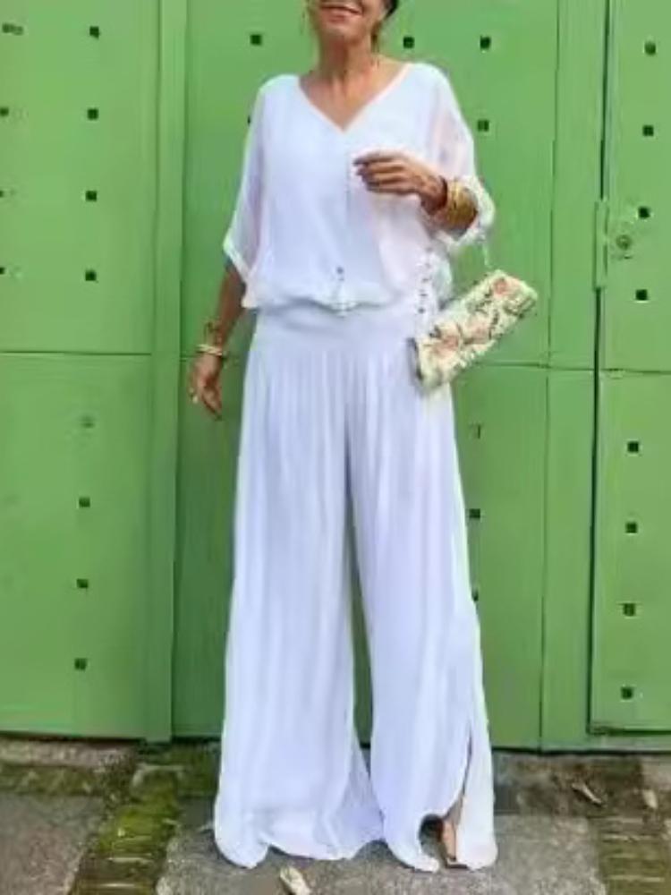 

Оливково-зеленая блузка свободного кроя с V-образным вырезом и комплект брюк широкого кроя, женский повседневный наряд с поясом на талии 3XL белый