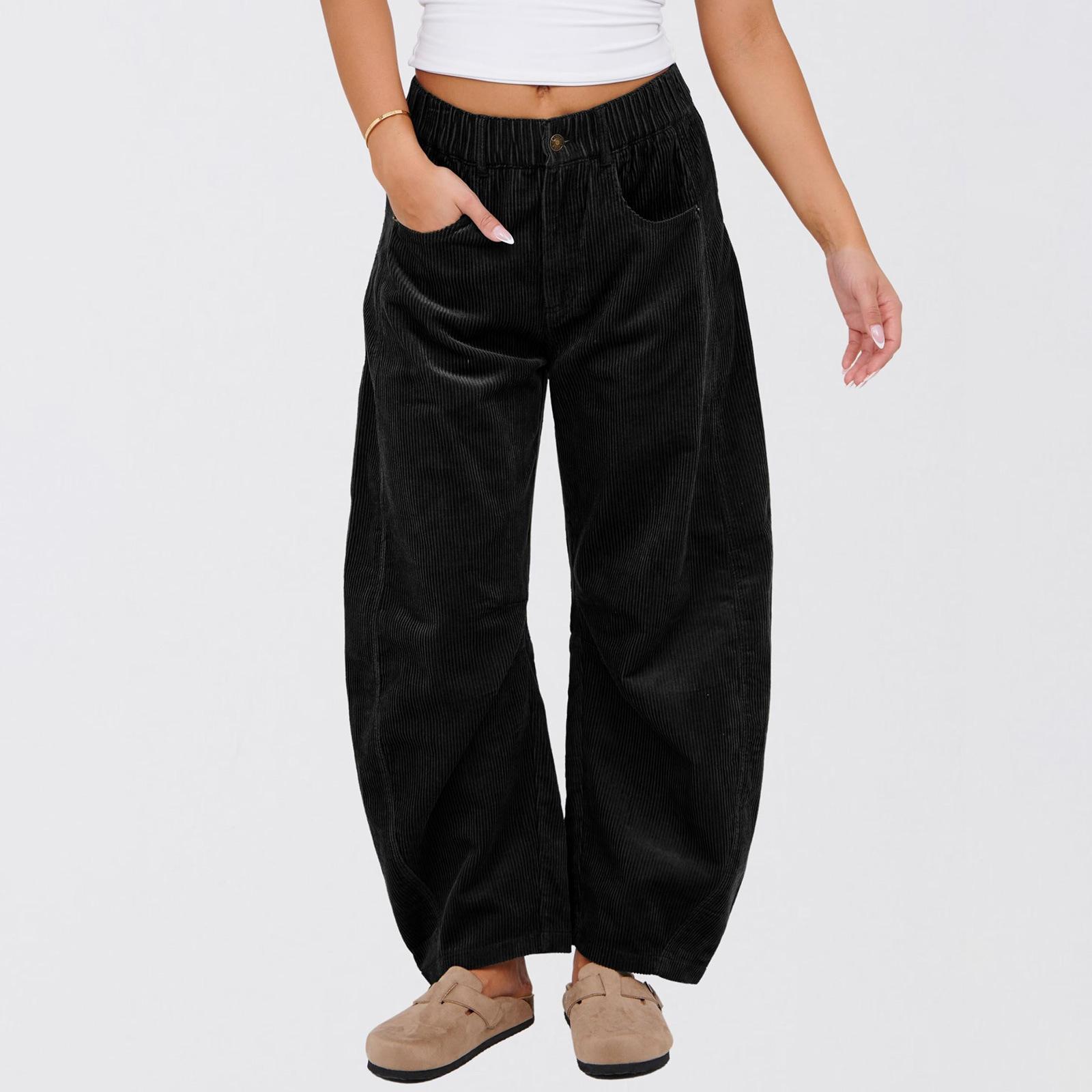 

Women s High-waisted Casual Pants Solid Color Corduroy Loose Straight Trousers Women XXL чорний