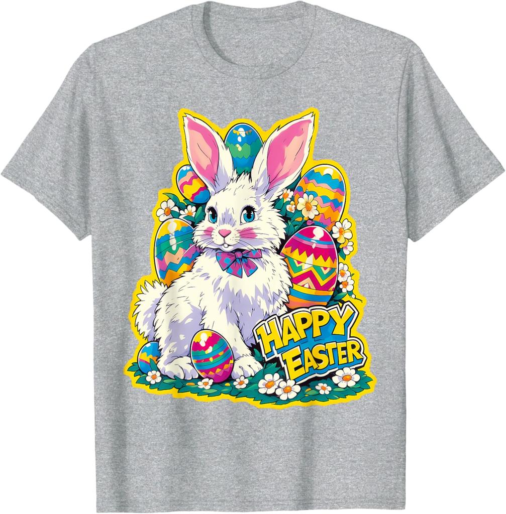 Happy Easter Bunny Floral Eggs Graphic Tee Soft Cotton Casual Short Sleeve T-Shirt