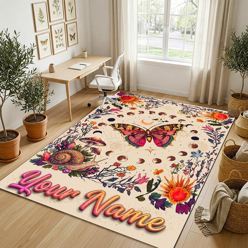Floral Garden Theme Crystal Velvet Rug Personalized Custom Name Text Soft Floor Mat Home Decor