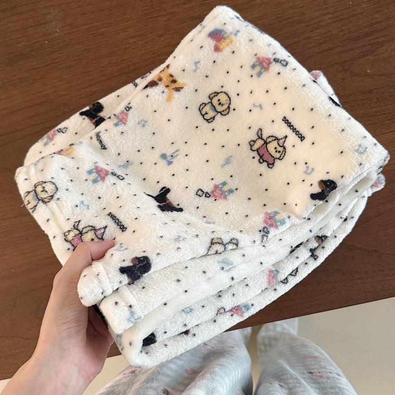 Women's Flannel Plaid Sleep Pants - Autumn/Winter Velvet Warm Coral Fleece Pajama Bottoms