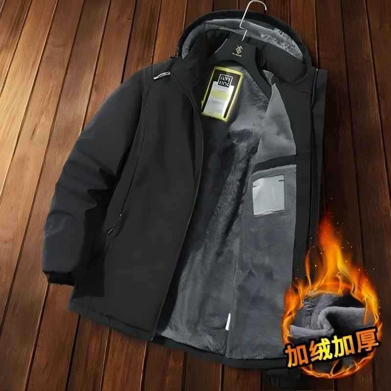Men's Winter Hooded Windproof Cotton Jacket - Thick Fleece Lined Warm Coat for Autumn/Winter