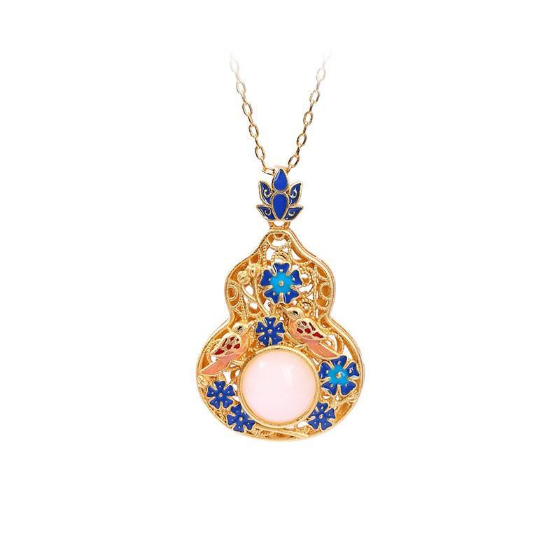 Elegant Chinese-Inspired Enamel Pendant Necklace With Gemstone Accents Women Gold-Plated O-Link Chain 41-50cm Adjustable