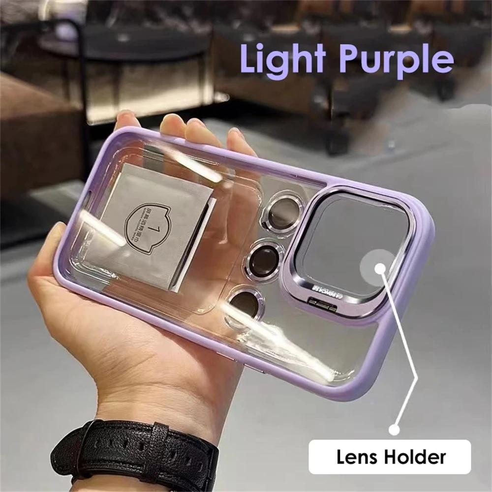 Transparent Shockproof Lens Protector Stand Case for iPhone 11-15, Camera Glass Protection, Metal Ring