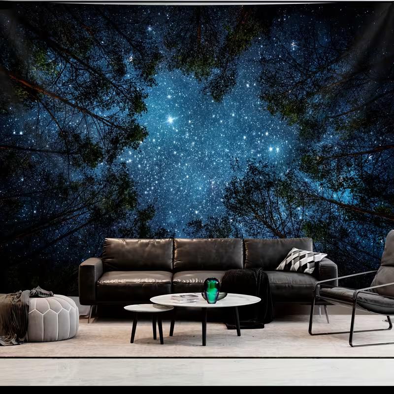 

2D Starry Forest Tapestry Night Sky Through Pine Tree Canopy Wall Decor 47.2x31.5inch/120*80cm