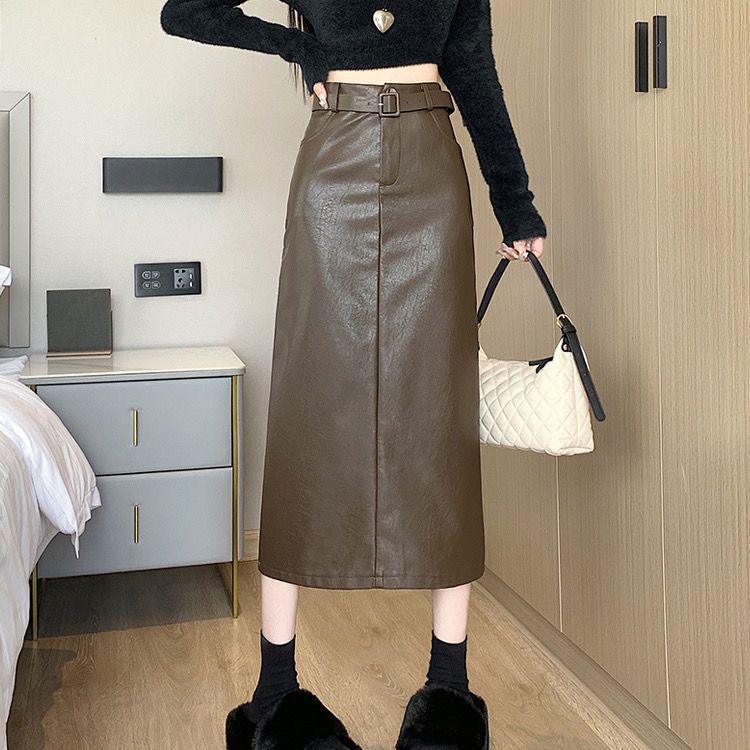 Saia longa de couro feminina nova versão coreana de saia fina de