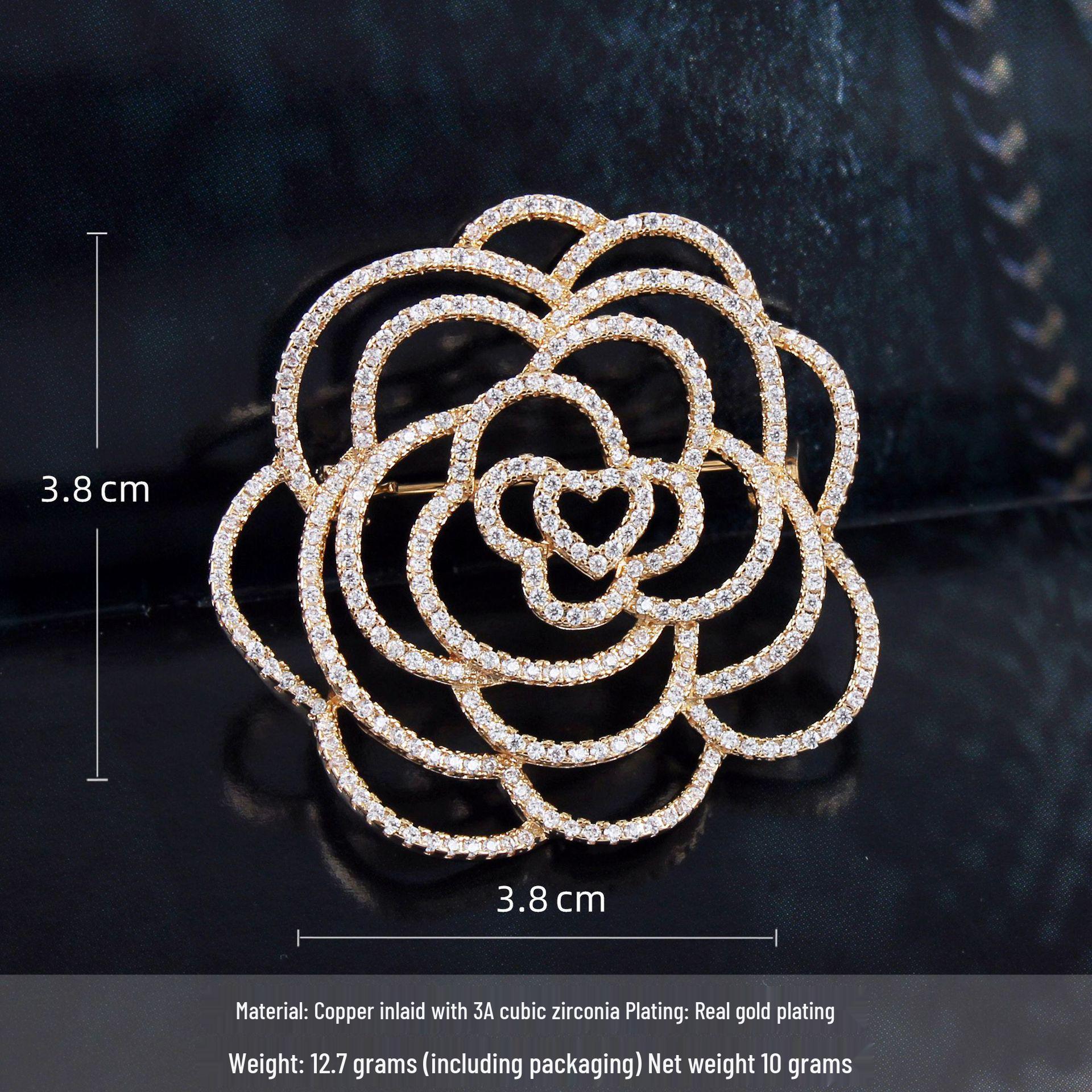 Elegant Camellia Brooch: Real Gold-Plated Copper with Zirconia Accents for Women
