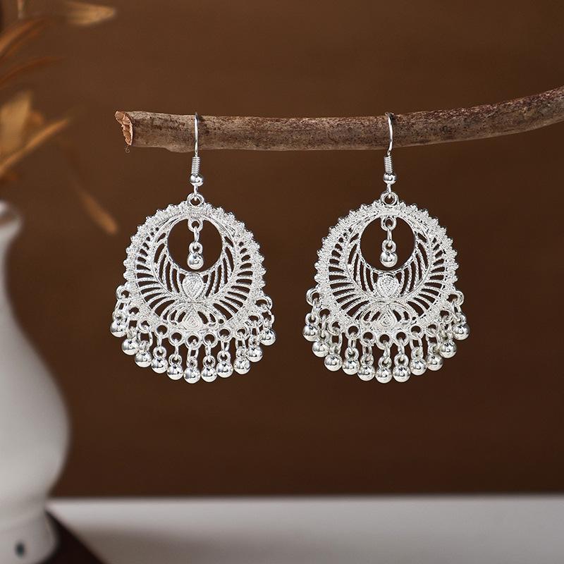Ethnic Miao Silver Tassel Earrings - Retro Long Dangle Scenic Studs for Women