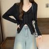 Women's Knitted Top Solid Color V-neck Lace Patchwork Slit Long Sleeved Top