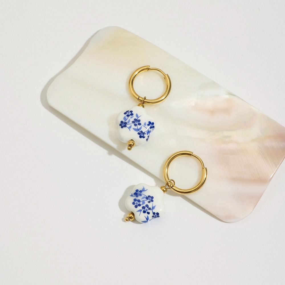 Stainless Steel Blue and White Porcelain Earrings Chinese Style Gold Hoop Earrings  Lady