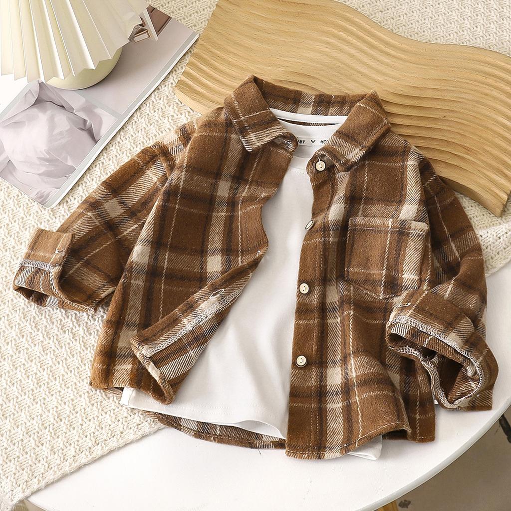 Chemise à carreaux à manches longues pour garçon - Cardigan aux couleurs rétro pour enfant - Nouveau manteau à revers pour fille