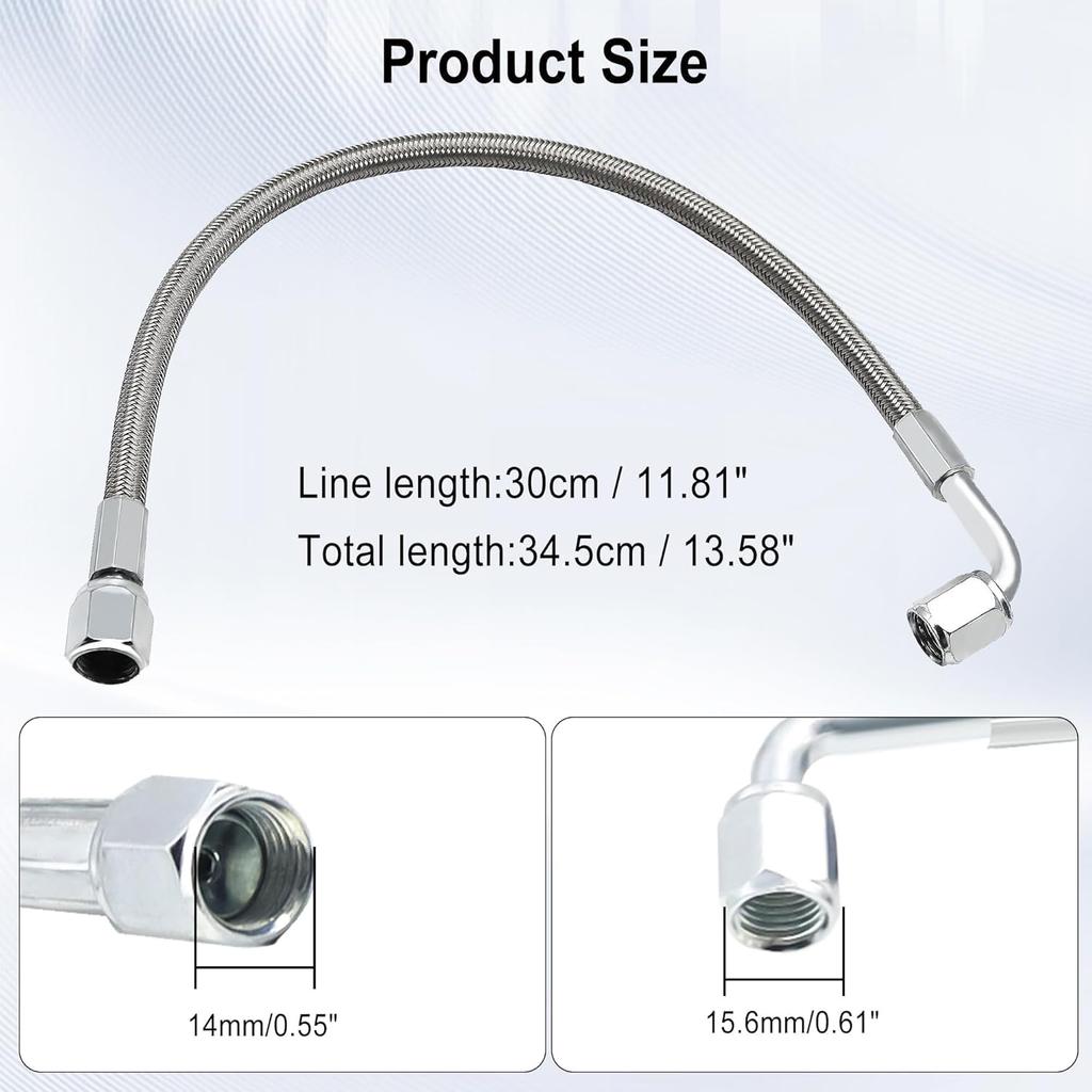 551871 4AN Turbo Oil Feed Line 12" Length Stainless Steel Braided AN4 90 Degree End Straight Hose End 4AN Pressure Stainless Remote Turbocharger Oil