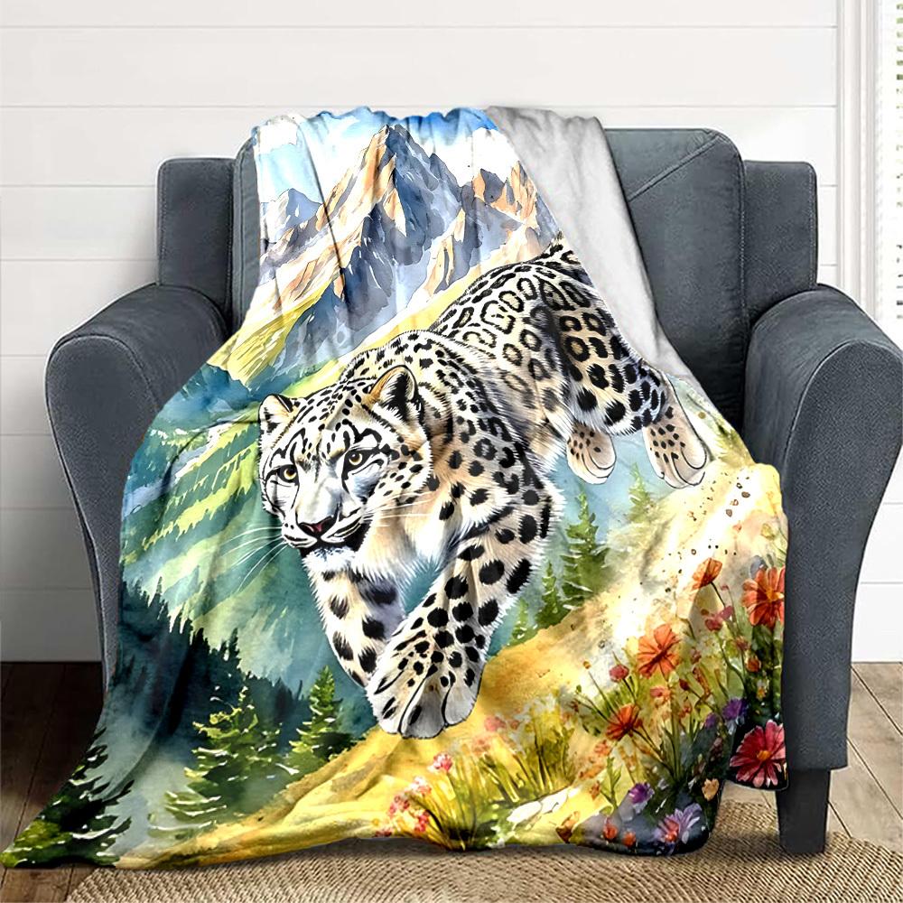 1pc Snow Leopard Print Blanket Lightweight Flannel Blanket Throw Blanket For Sofa, Bed, Travel, Camping, Livingroom, Couch, Chair, And Bed yy250902619 100x150cm