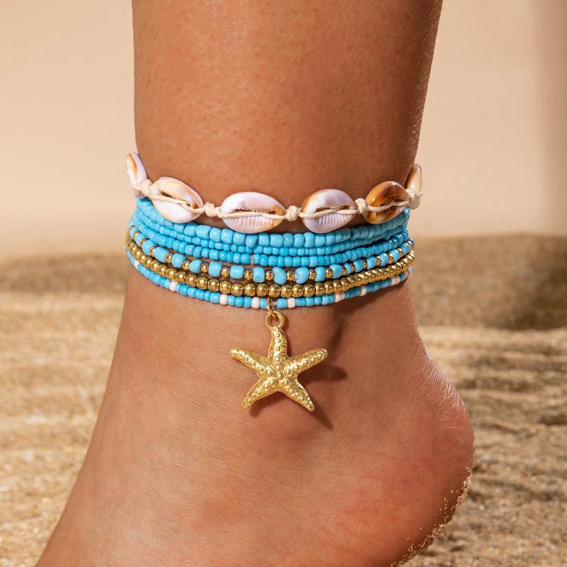 Bohemian holiday style acrylic shell woven anklet, beach style resin starfish anklet seven pieces