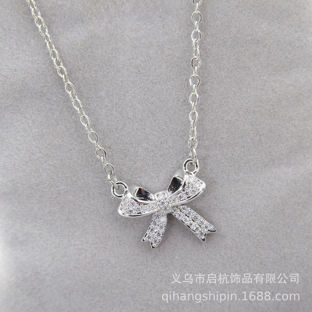 Bow Necklace Women'S Light Luxury Design Simple Micro-Inlaid Pendant Collarbone Chain Necklace