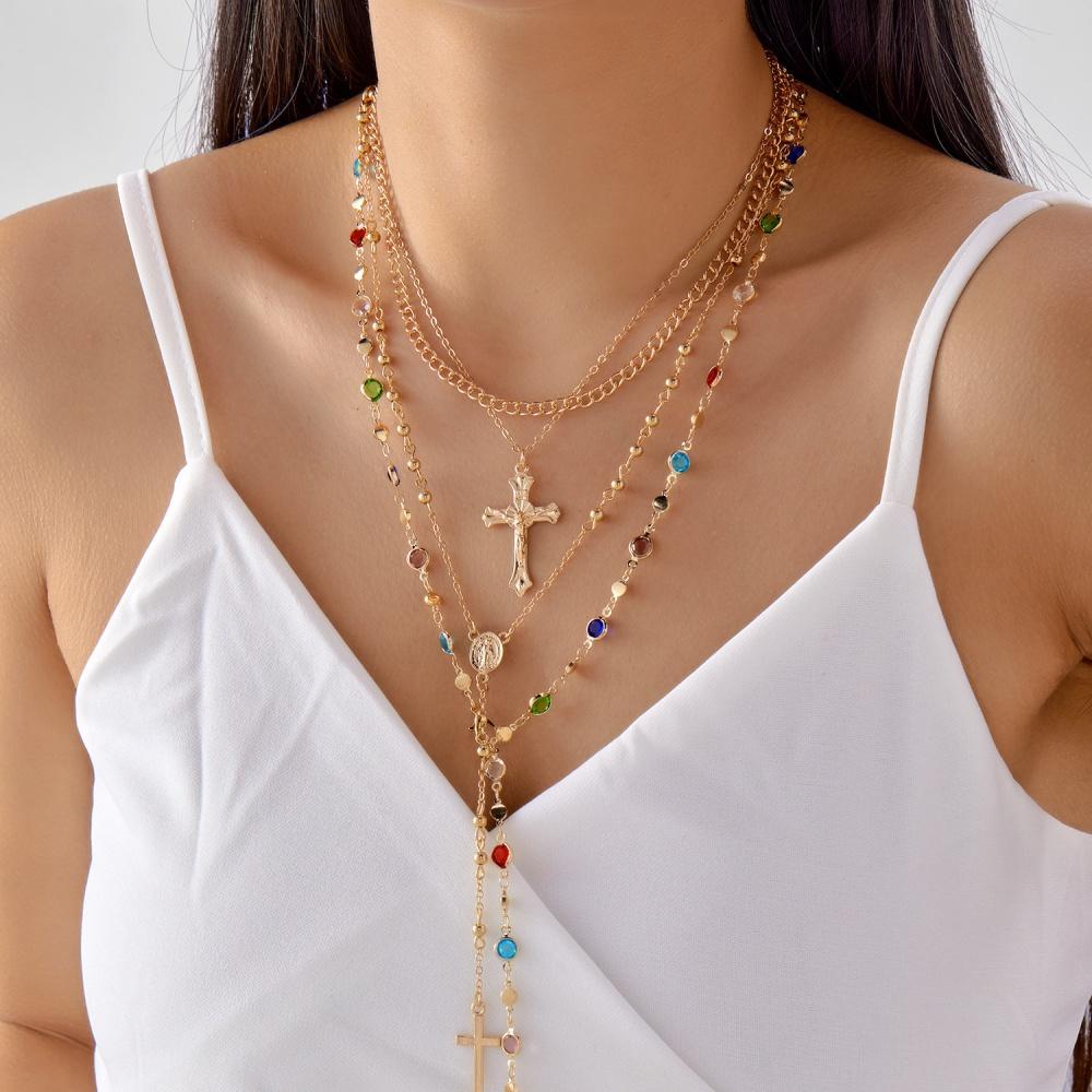 4Pcs Cross Colorful Crystal Necklaces Set Women's Simple Gold Color Y-Shaped Chain Necklace Fashion Mother's Day Jewelry Gift