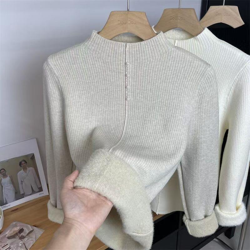 

Флисовый и Утолщенный Вязаный Свитер Женский Осенне-Зимний Пуловер с Полувысоким Воротником Цельный Флисовый Приталенный Топ XL