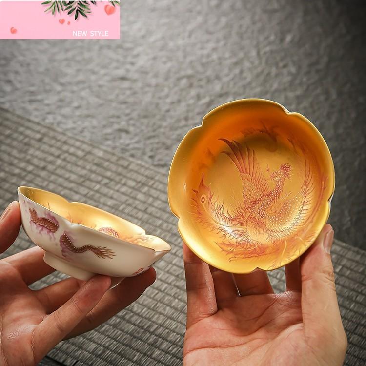 Chinese Dragon and Phoenix Gilded Gold Jianzhan Sheep Fat Jade Porcelain Master Cup Petal Tea Bowl  luxury Tea Gifts Collection