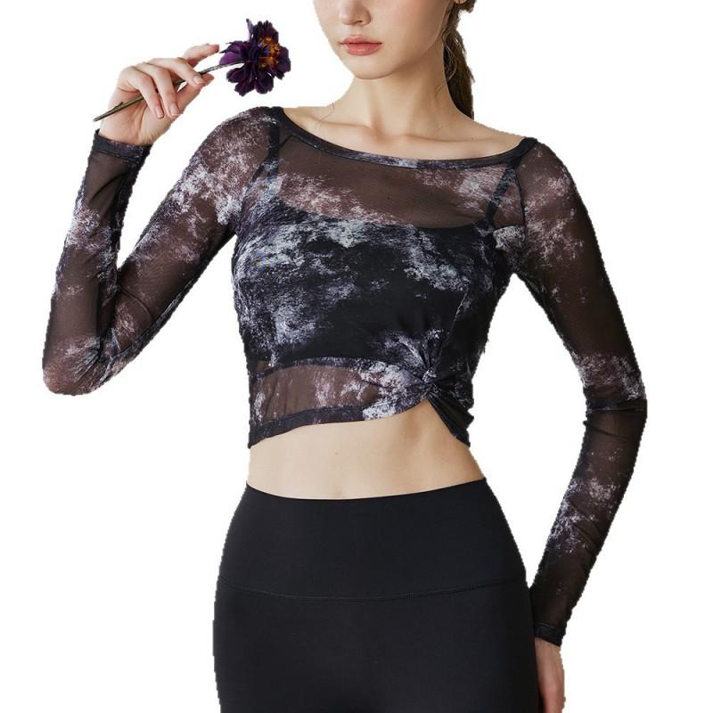 Damen Langarm Netzspitze Überlagerung Yoga Top Pilates Fitness Workout