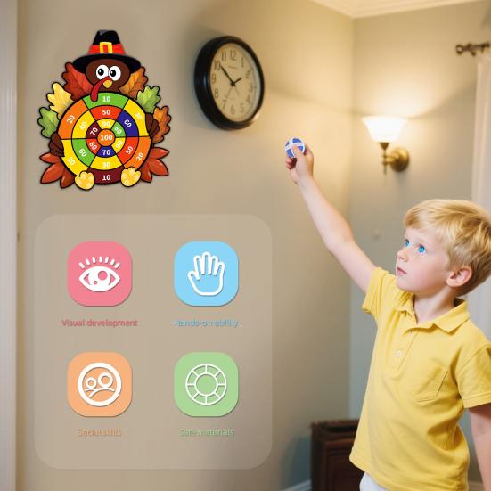 Thanksgiving Game Turkey Dart Board Indoor Outdoor Party Game with 6 Sticky Balls And 8 Dart for Family Adults Activities Holiday Gifts