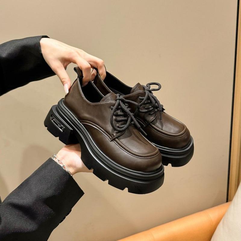 British style small leather shoes women's autumn new lace-up retro versatile small thick-soled black loafers